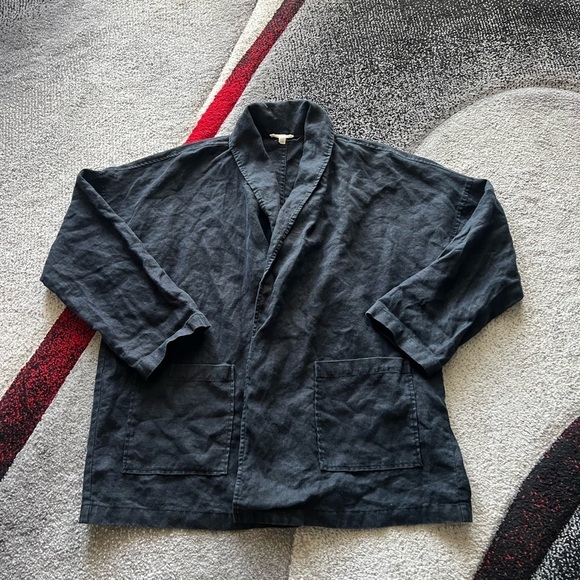 Eileen Fisher Black Notch Linen Longline Open Front Blazer - Picture 2 of 4